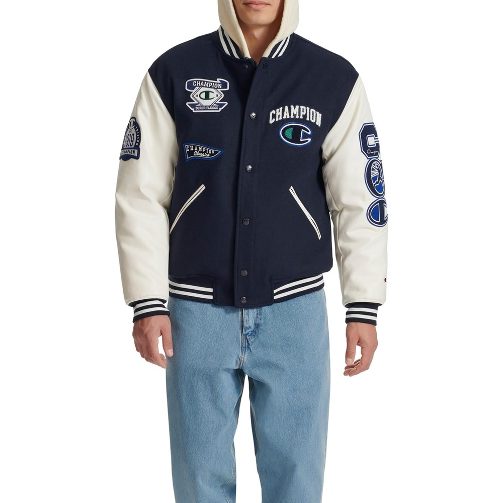 image:imageChampion Mens Letterman Varsity Bomber Jacket With PatchesNavyWhite