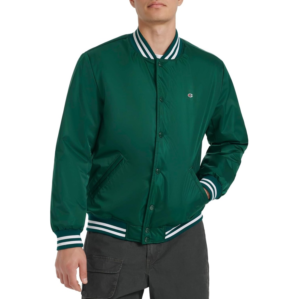 image:imageChampion Mens Logo Stripedtrim Varsity JacketRain Forest