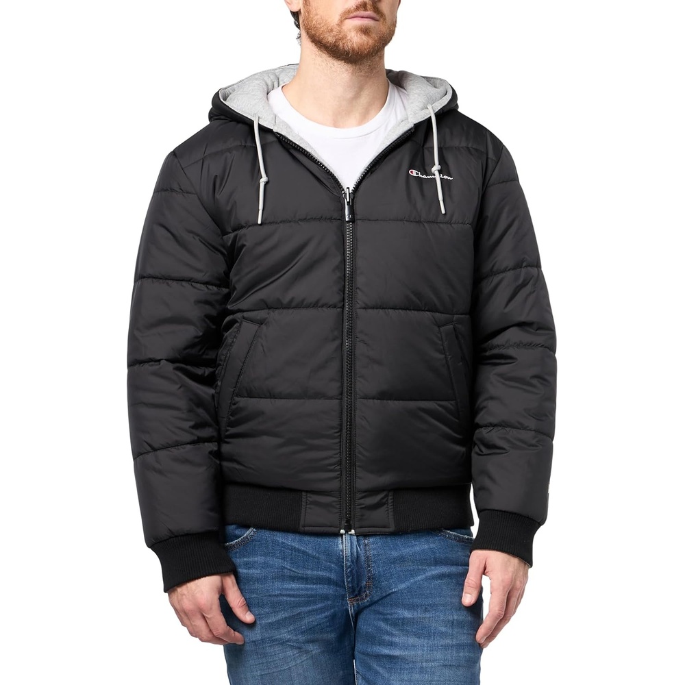 image:imageChampion Mens Reversible Puffer Jacket with Drawstring HoodBlackHeather Grey