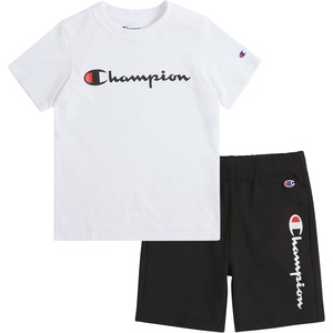 Champion Boys 2 Piece Short Sleeve Shirt and Mesh Shorts Sets(Bright White-black)