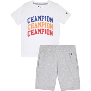 Champion Boys 2 Piece Short Sleeve Shirt and Mesh Shorts Sets(Bright White-grey Heather)