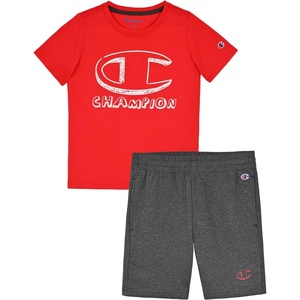Champion Boys 2 Piece Short Sleeve Shirt and Mesh Shorts Sets(Charcoal-red)