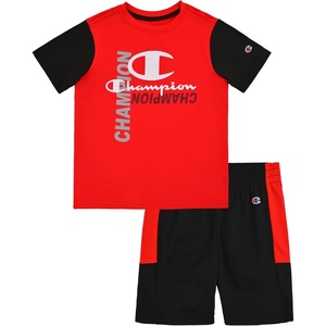 Champion Boys 2 Piece Short Sleeve Shirt and Mesh Shorts Sets(Crimson-black)