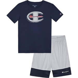 Champion Boys 2 Piece Short Sleeve Shirt and Mesh Shorts Sets(Dark Navy-grey)