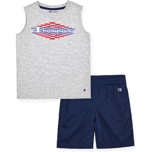 Champion Boys 2 Piece Short Sleeve Shirt and Mesh Shorts Sets(Navy Blue-grey Heather)
