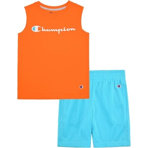 Champion Boys 2 Piece Short Sleeve Shirt and Mesh Shorts Sets(Orange-teal)