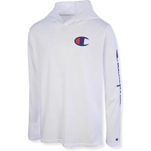 Champion Boys Long Sleeve Hooded Tee Shirt Lightweight Tech Fabric Athletic T-Shirt for Kids(Bright White)