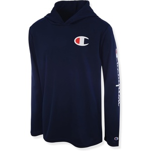 Champion Boys Long Sleeve Hooded Tee Shirt Lightweight Tech Fabric Athletic T-Shirt for Kids(Dark Navy Blue)