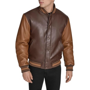 Champion Men’s Letterman Varsity Bomber Jacket With Patches(Brown Faux Leather)