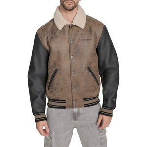 Champion Men’s Letterman Varsity Bomber Jacket With Patches(Brown Faux Shearling)