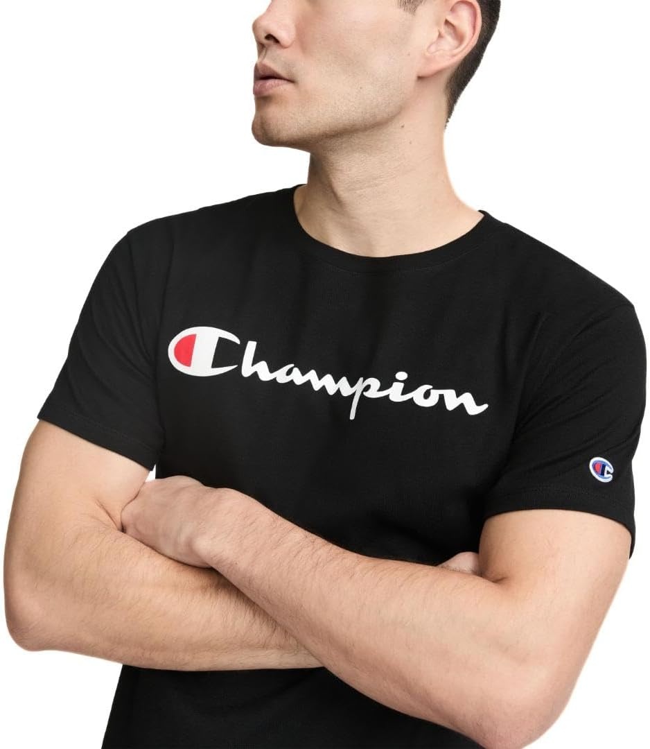 image:imageChampion Mens Classic Script Graphic Short Sleeve TShirt Standard Fit Tonal Logo Available in Regular and Big amp TallBlack