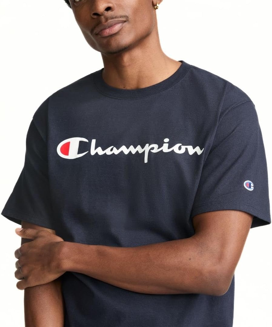image:imageChampion Mens Classic Script Graphic Short Sleeve TShirt Standard Fit Tonal Logo Available in Regular and Big amp TallDeep Navy