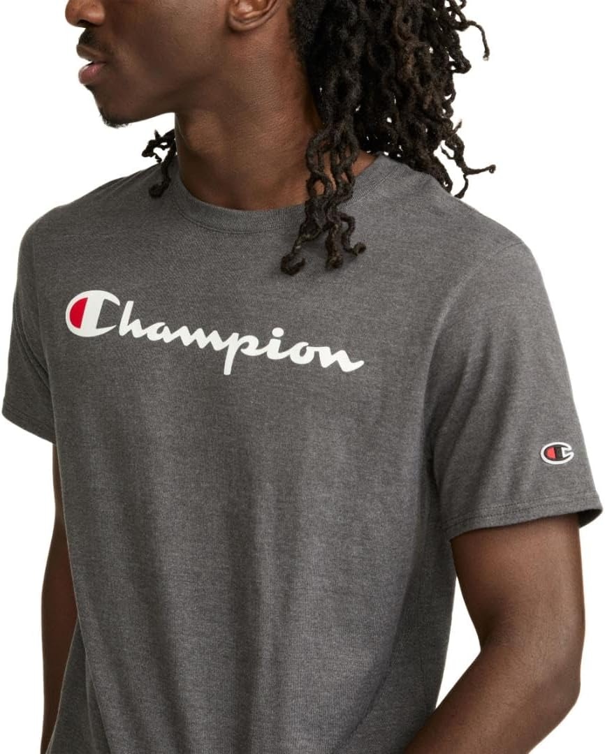 image:imageChampion Mens Classic Script Graphic Short Sleeve TShirt Standard Fit Tonal Logo Available in Regular and Big amp TallGranite Heather