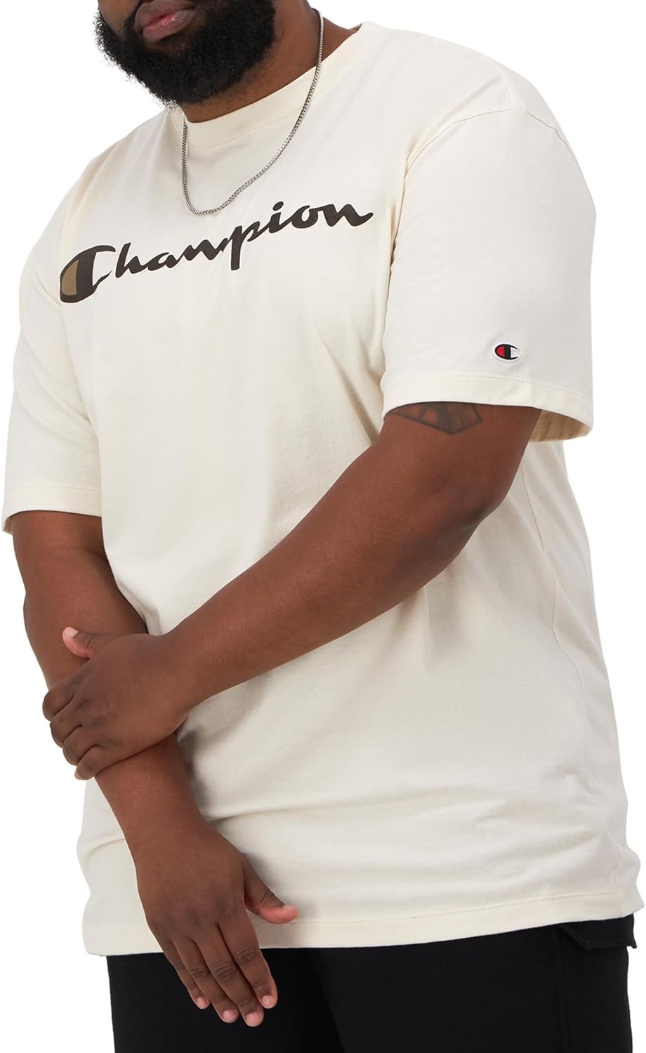 image:imageChampion Mens Classic Script Graphic Short Sleeve TShirt Standard Fit Tonal Logo Available in Regular and Big amp TallNatural Classic Script Logo