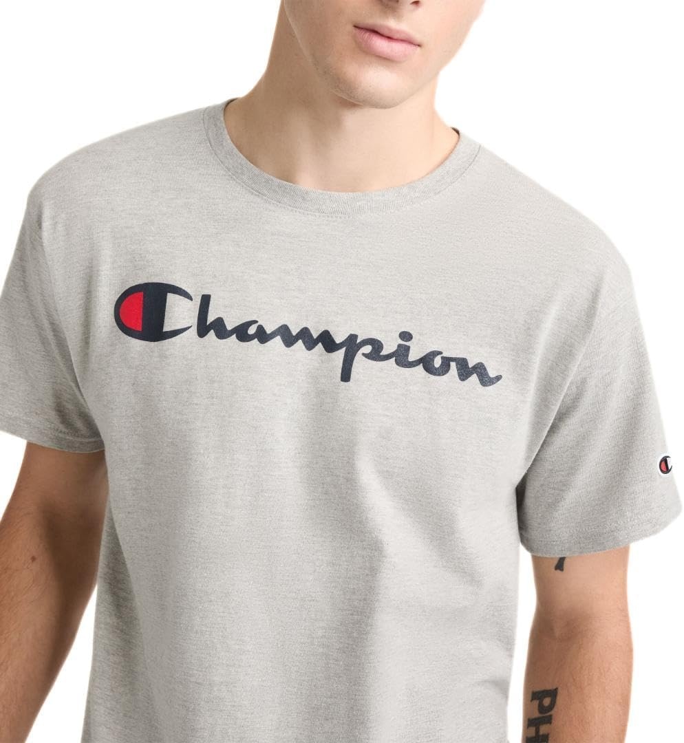 image:imageChampion Mens Classic Script Graphic Short Sleeve TShirt Standard Fit Tonal Logo Available in Regular and Big amp TallPlatinum Silver Heather