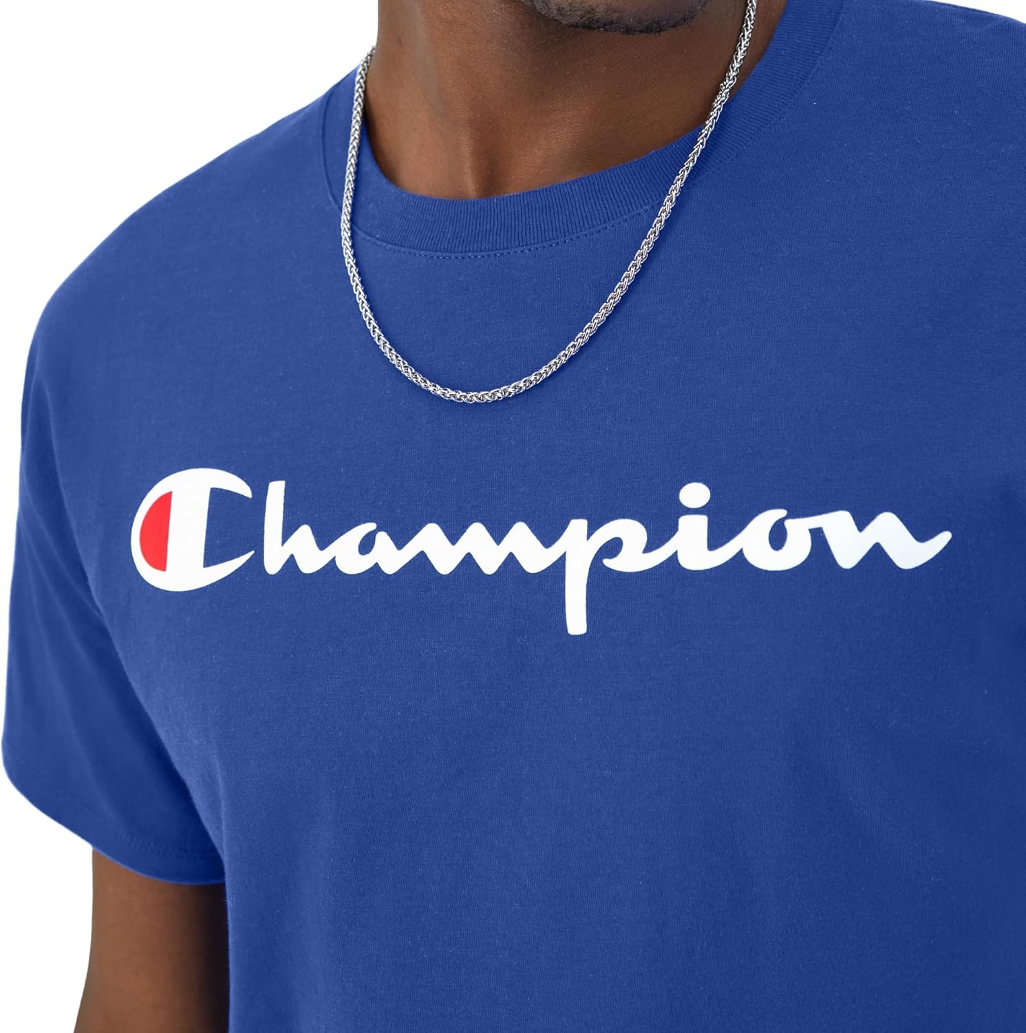 image:imageChampion Mens Classic Script Graphic Short Sleeve TShirt Standard Fit Tonal Logo Available in Regular and Big amp TallSurf the Web Classic Script Logo