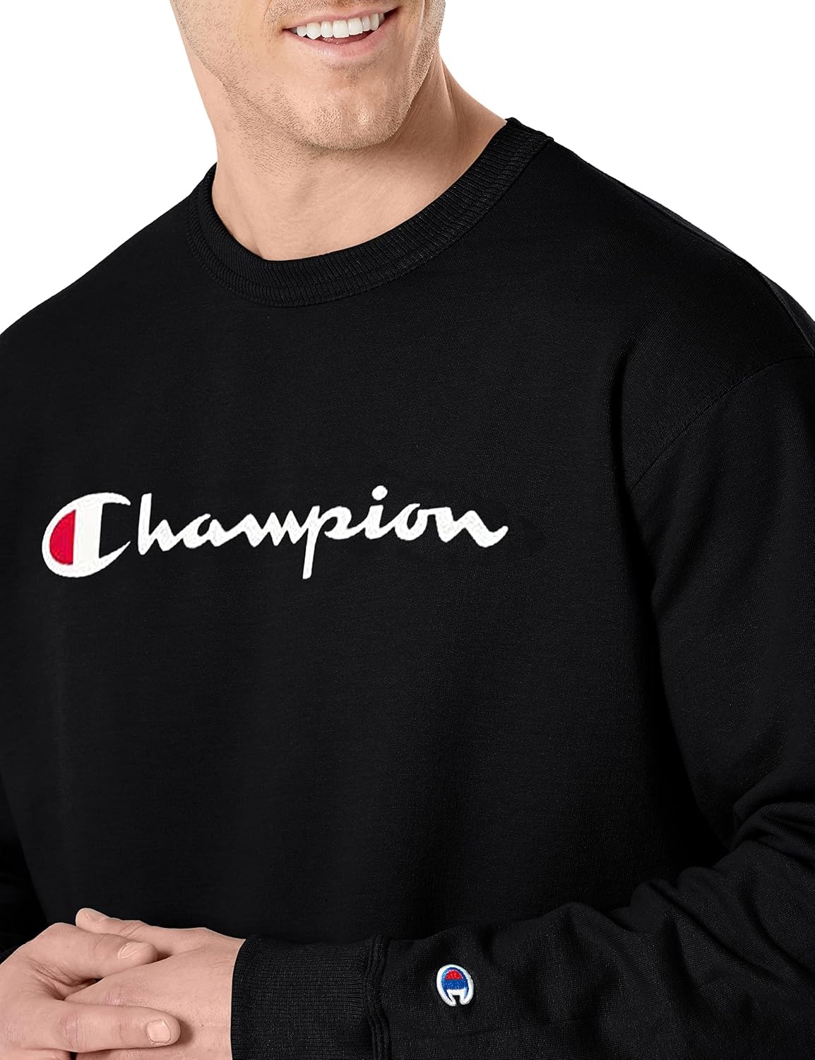image:imageChampion Mens Crewneck Fleece Sweatshirt Standard Fit Midweight Script Logo Available in Regular and Big amp TallBlack Classic Script Logo