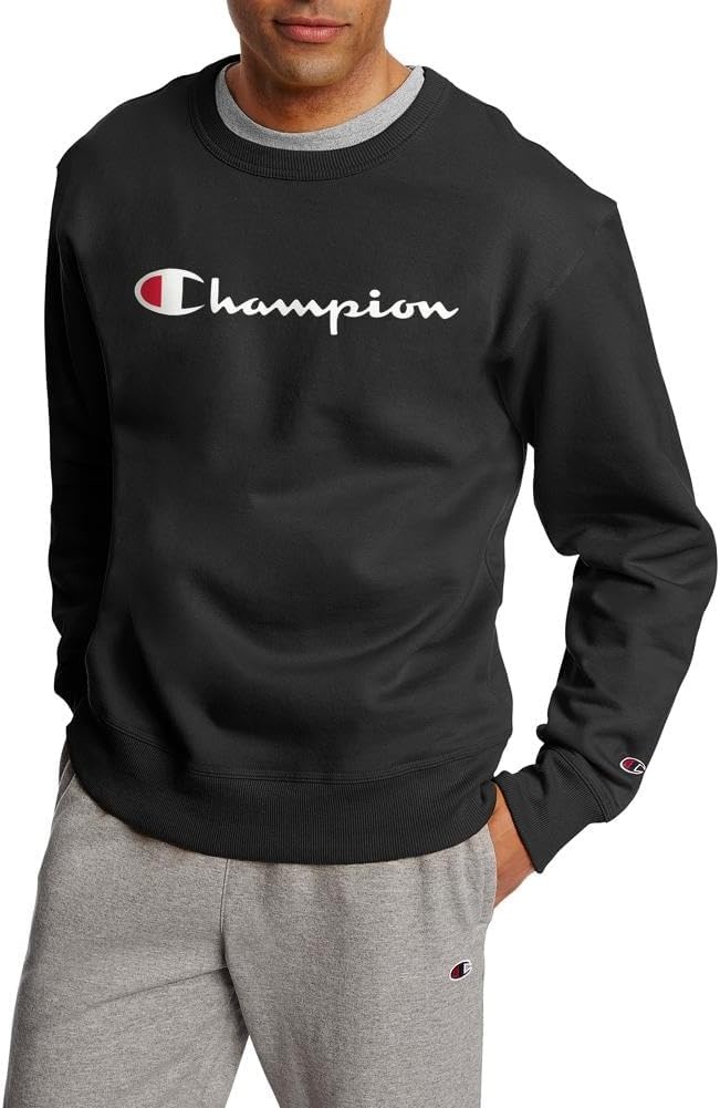 image:imageChampion Mens Crewneck Fleece Sweatshirt Standard Fit Midweight Script Logo Available in Regular and Big amp TallBlack Classic Script Logo