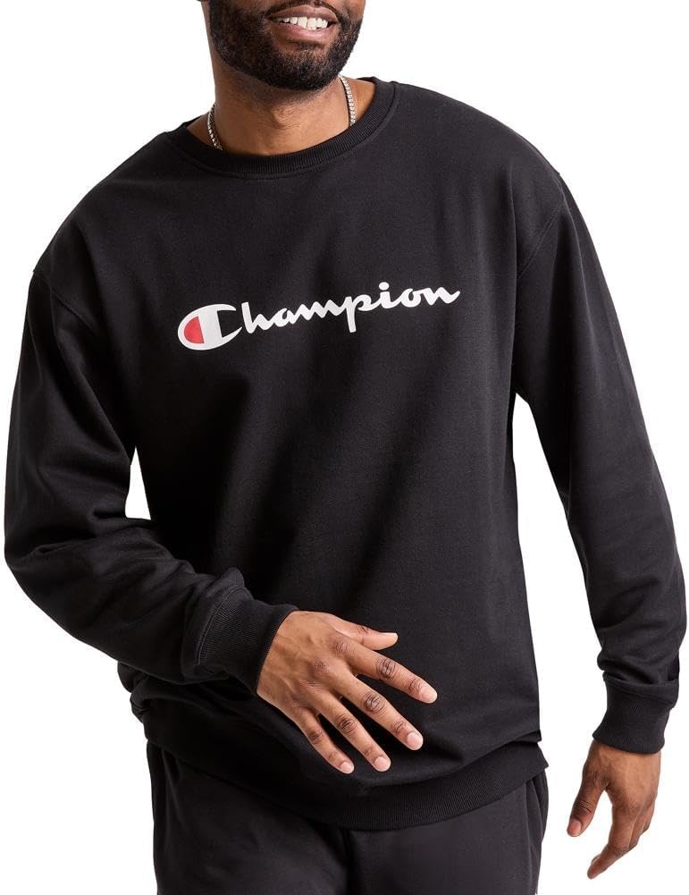 image:imageChampion Mens Crewneck Fleece Sweatshirt Standard Fit Midweight Script Logo Available in Regular and Big amp TallBlack Classic Script Logo