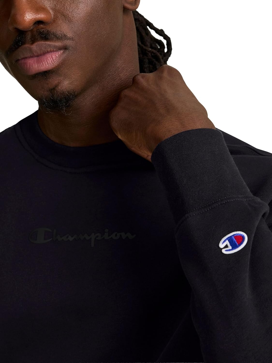 image:imageChampion Mens Crewneck Fleece Sweatshirt Standard Fit Midweight Script Logo Available in Regular and Big amp TallBlack Tonal Script Logo