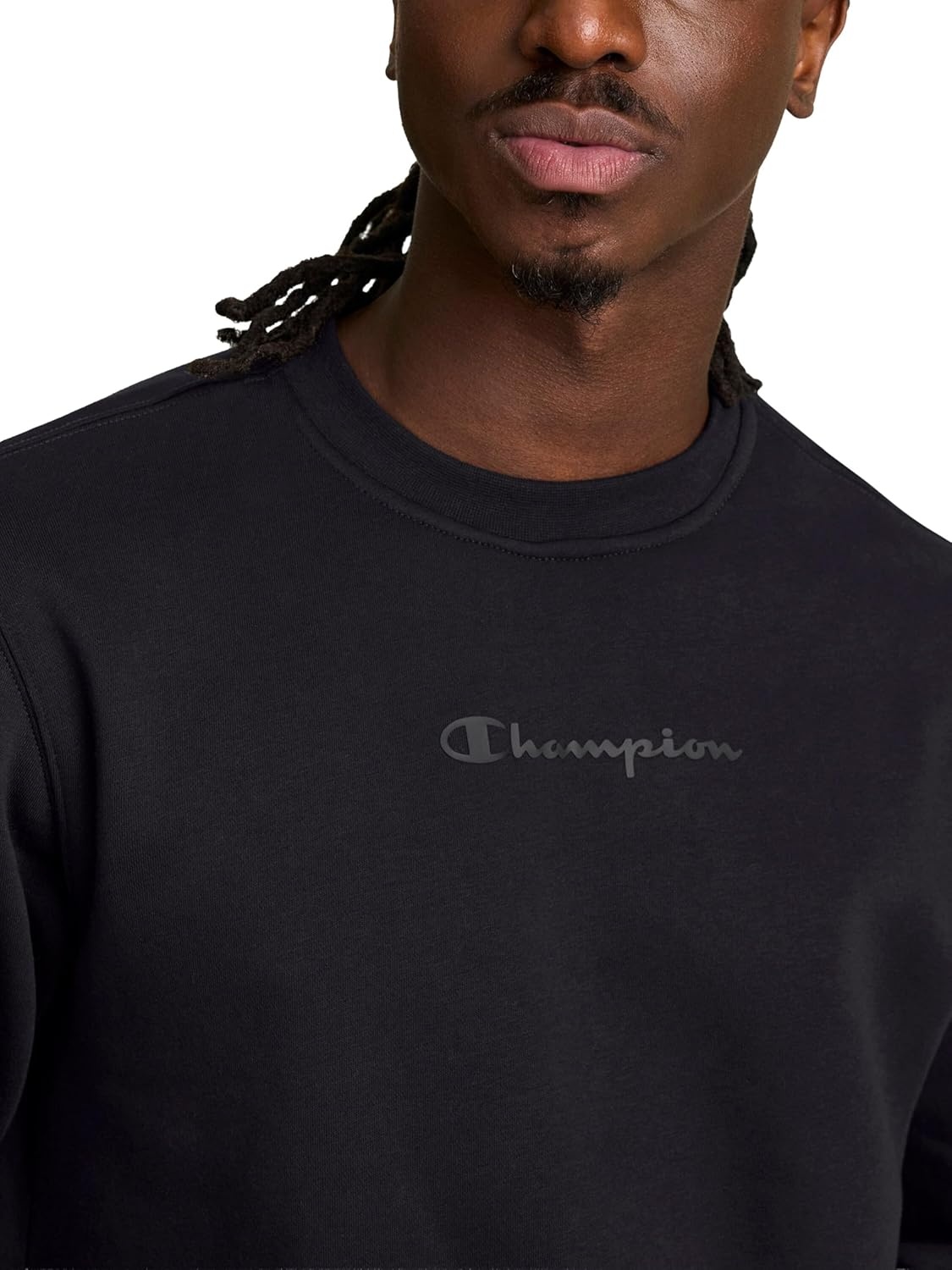 image:imageChampion Mens Crewneck Fleece Sweatshirt Standard Fit Midweight Script Logo Available in Regular and Big amp TallBlack Tonal Script Logo