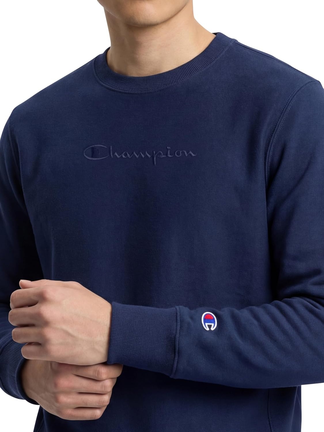 image:imageChampion Mens Crewneck Fleece Sweatshirt Standard Fit Midweight Script Logo Available in Regular and Big amp TallBlue Depths Tonal Script Logo