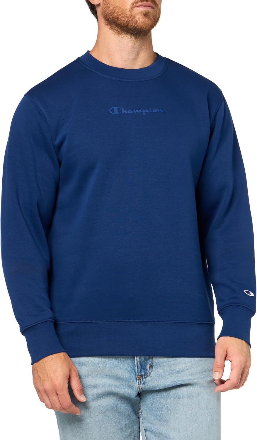 image:imageChampion Mens Crewneck Fleece Sweatshirt Standard Fit Midweight Script Logo Available in Regular and Big amp TallBlue Depths Tonal Script Logo