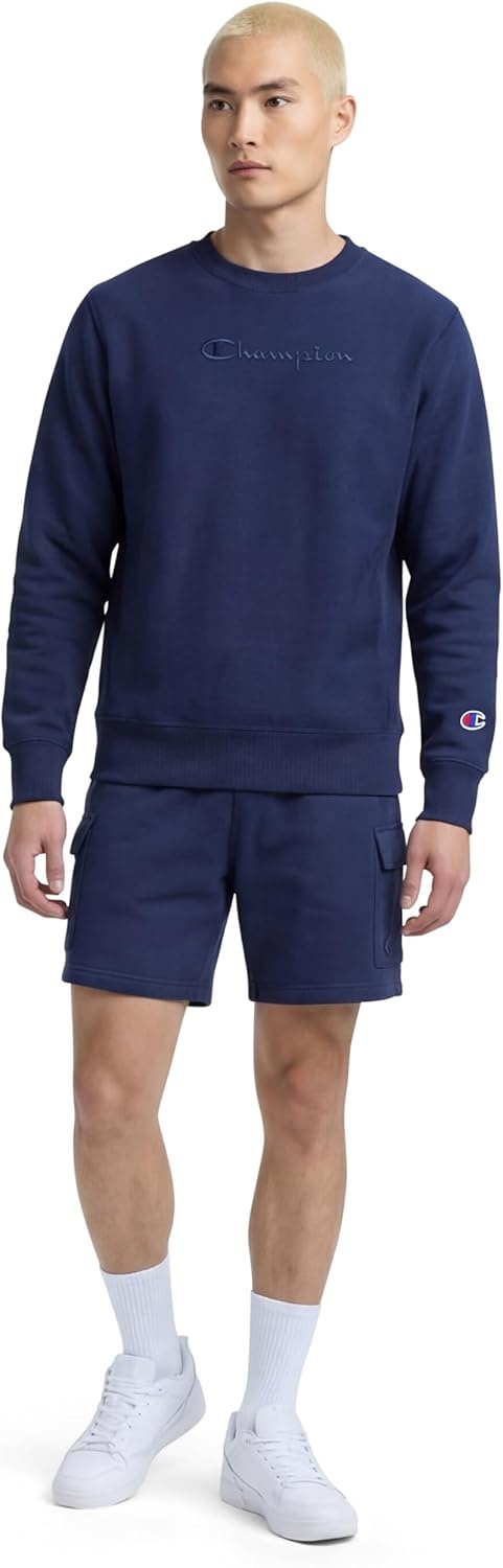 image:imageChampion Mens Crewneck Fleece Sweatshirt Standard Fit Midweight Script Logo Available in Regular and Big amp TallBlue Depths Tonal Script Logo