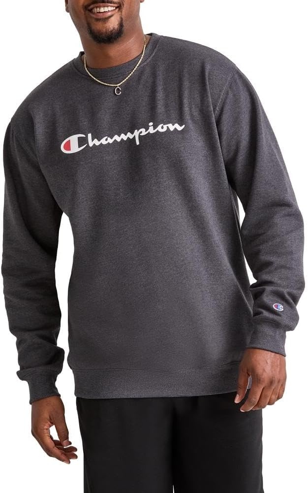 image:imageChampion Mens Crewneck Fleece Sweatshirt Standard Fit Midweight Script Logo Available in Regular and Big amp TallGranite Heather Script