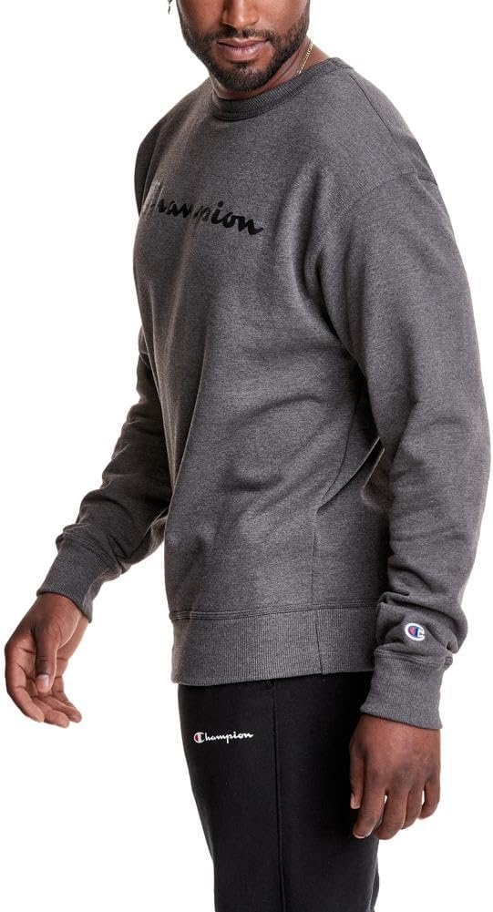 image:imageChampion Mens Crewneck Fleece Sweatshirt Standard Fit Midweight Script Logo Available in Regular and Big amp TallGranite Heather Script