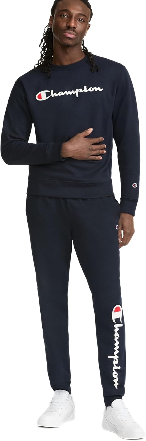 image:imageChampion Mens Crewneck Fleece Sweatshirt Standard Fit Midweight Script Logo Available in Regular and Big amp TallNavy Classic Script Logo