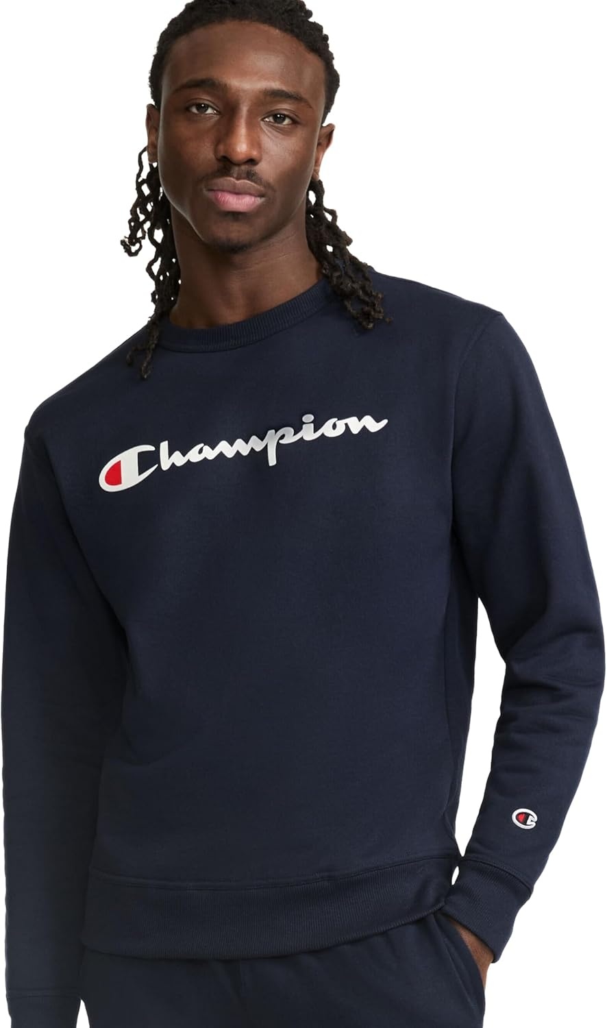 image:imageChampion Mens Crewneck Fleece Sweatshirt Standard Fit Midweight Script Logo Available in Regular and Big amp TallNavy Classic Script Logo