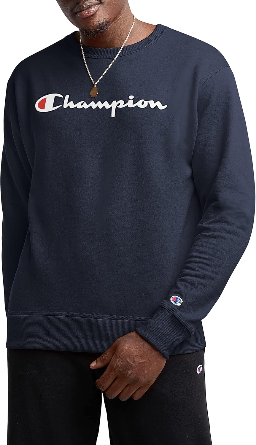 image:imageChampion Mens Crewneck Fleece Sweatshirt Standard Fit Midweight Script Logo Available in Regular and Big amp TallNavy Classic Script Logo