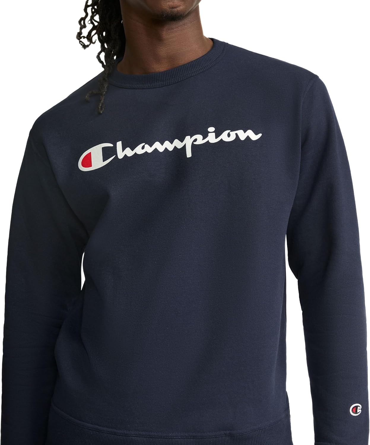 image:imageChampion Mens Crewneck Fleece Sweatshirt Standard Fit Midweight Script Logo Available in Regular and Big amp TallNavy Classic Script Logo