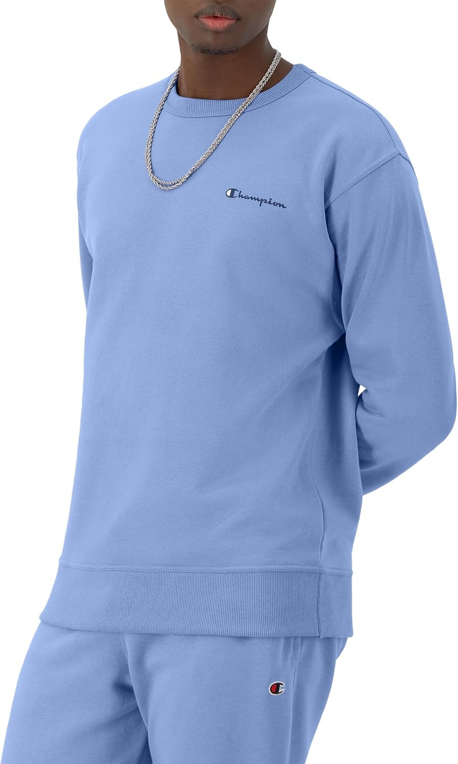 image:imageChampion Mens Crewneck Fleece Sweatshirt Standard Fit Midweight Script Logo Available in Regular and Big amp TallPlaster Blue Small Script