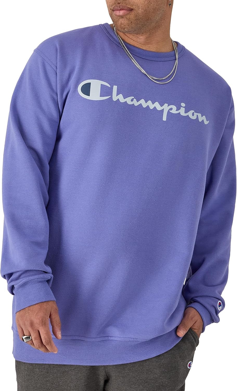 image:imageChampion Mens Crewneck Fleece Sweatshirt Standard Fit Midweight Script Logo Available in Regular and Big amp TallStone Crush Blue Classic Script Logo