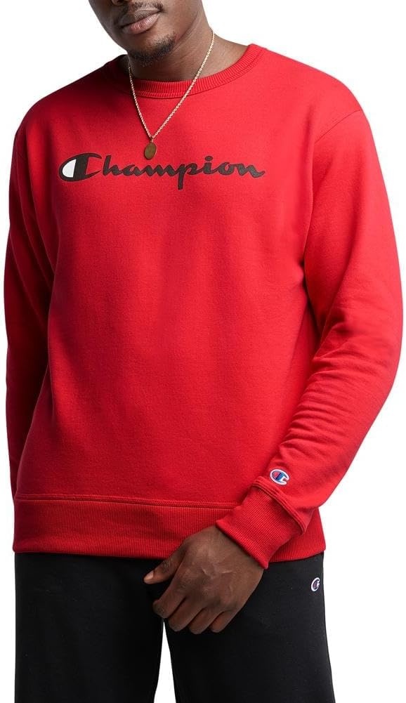 image:imageChampion Mens Crewneck Fleece Sweatshirt Standard Fit Midweight Script Logo Available in Regular and Big amp TallTeam Red Scarlet Classic Script Logo