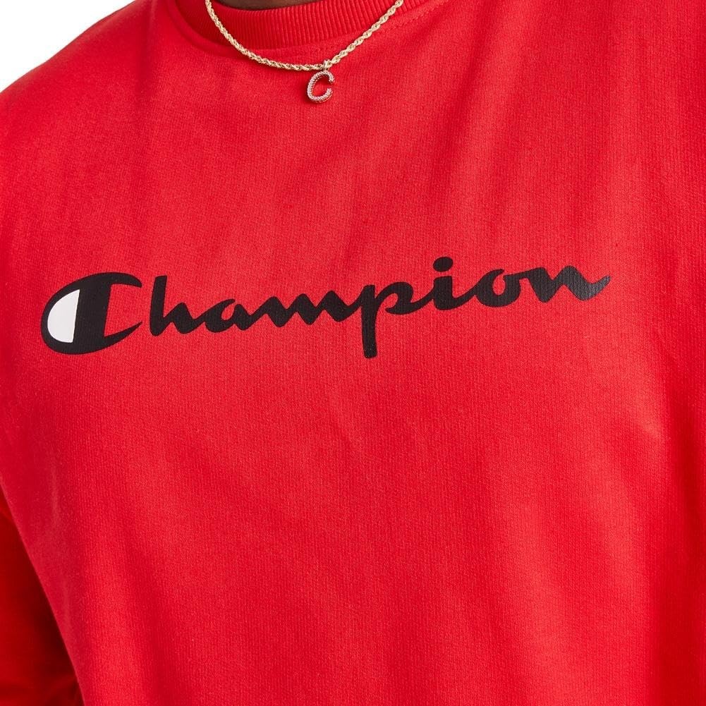 image:imageChampion Mens Crewneck Fleece Sweatshirt Standard Fit Midweight Script Logo Available in Regular and Big amp TallTeam Red Scarlet Classic Script Logo