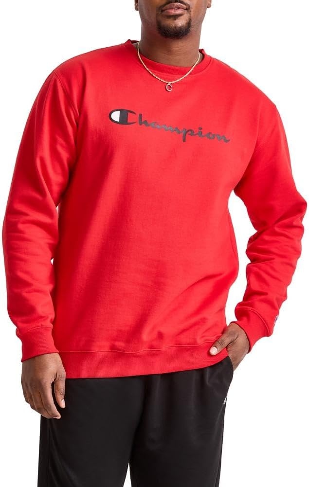 image:imageChampion Mens Crewneck Fleece Sweatshirt Standard Fit Midweight Script Logo Available in Regular and Big amp TallTeam Red Scarlet Classic Script Logo