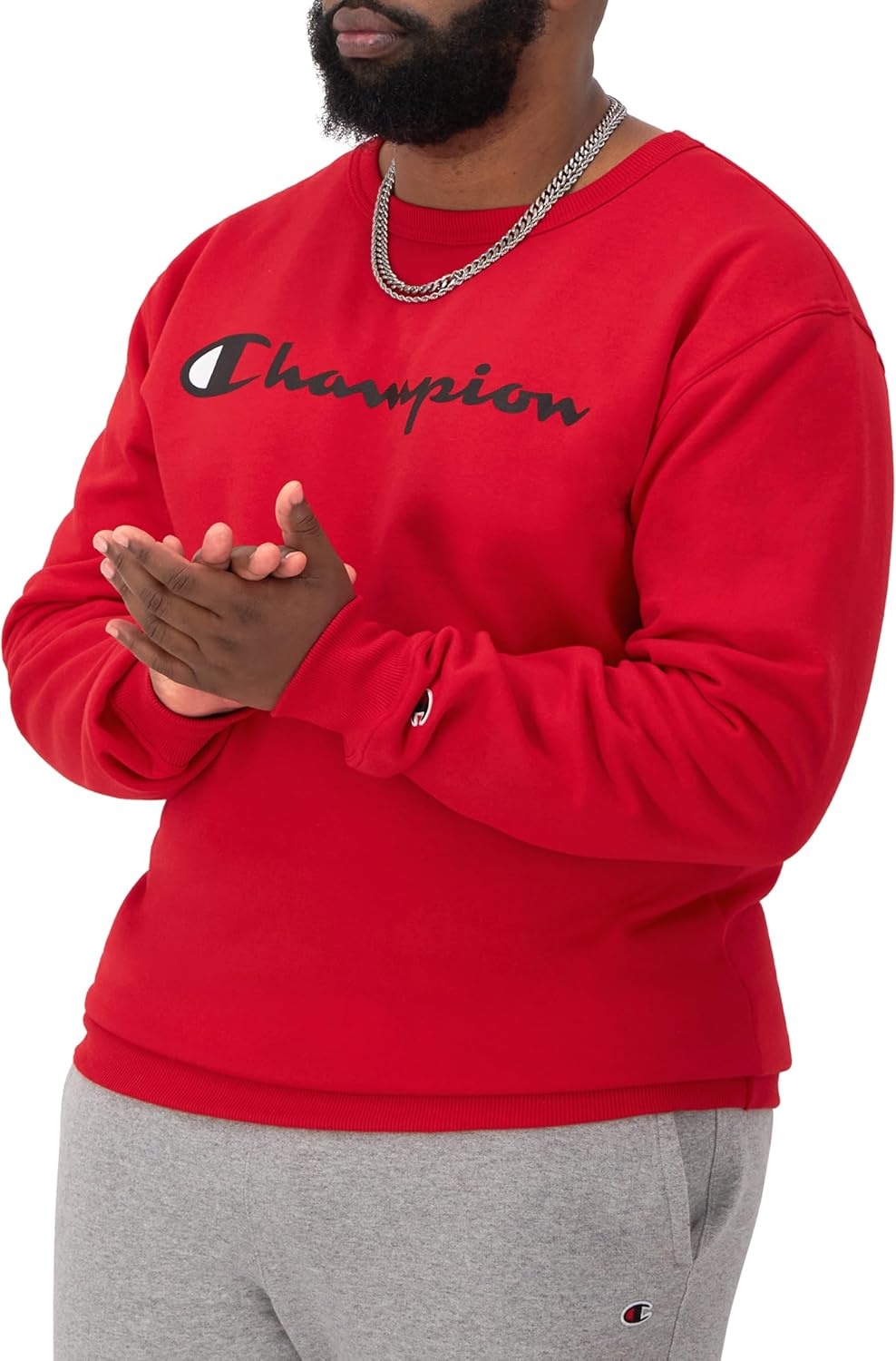 image:imageChampion Mens Crewneck Fleece Sweatshirt Standard Fit Midweight Script Logo Available in Regular and Big amp TallTeam Red Scarlet Classic Script Logo