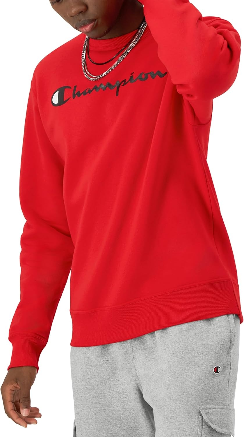 image:imageChampion Mens Crewneck Fleece Sweatshirt Standard Fit Midweight Script Logo Available in Regular and Big amp TallTeam Red Scarlet Script