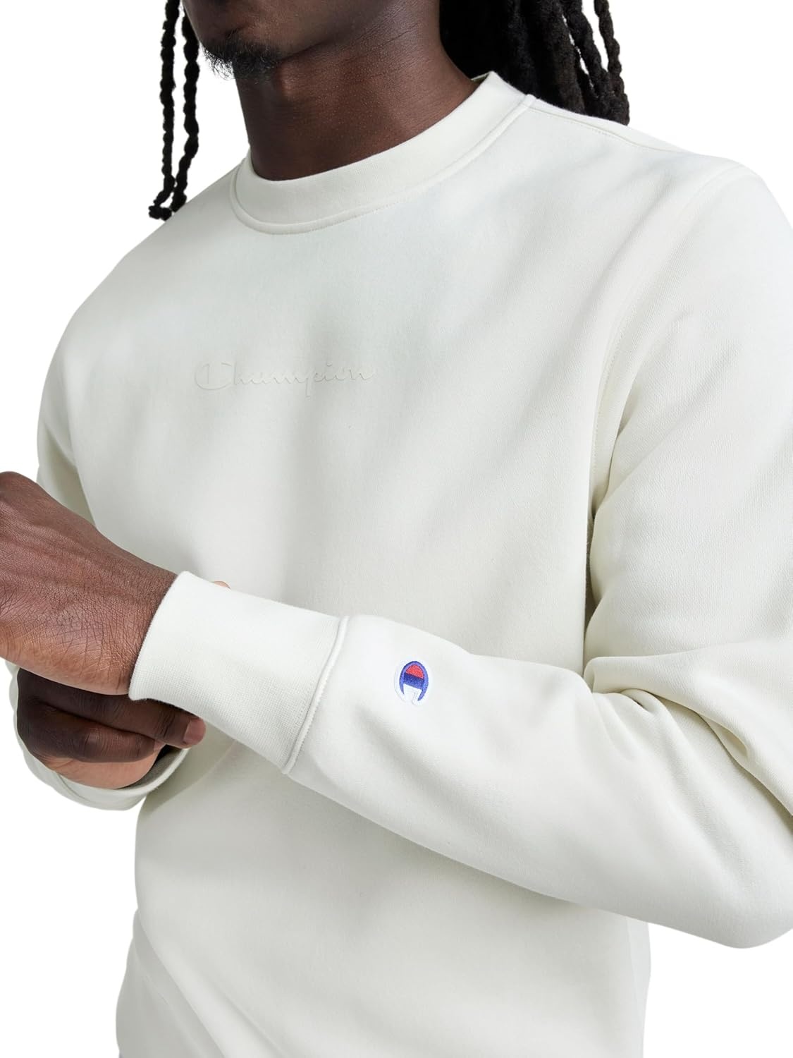 image:imageChampion Mens Crewneck Fleece Sweatshirt Standard Fit Midweight Script Logo Available in Regular and Big amp TallUnbleached Cotton Tonal Script Logo