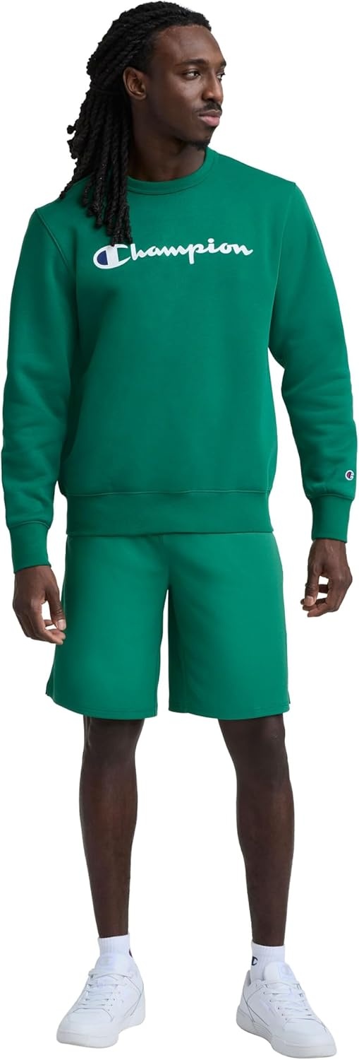 image:imageChampion Mens Crewneck Fleece Sweatshirt Standard Fit Midweight Script Logo Available in Regular and Big amp TallVerdant Green Classic Script Logo