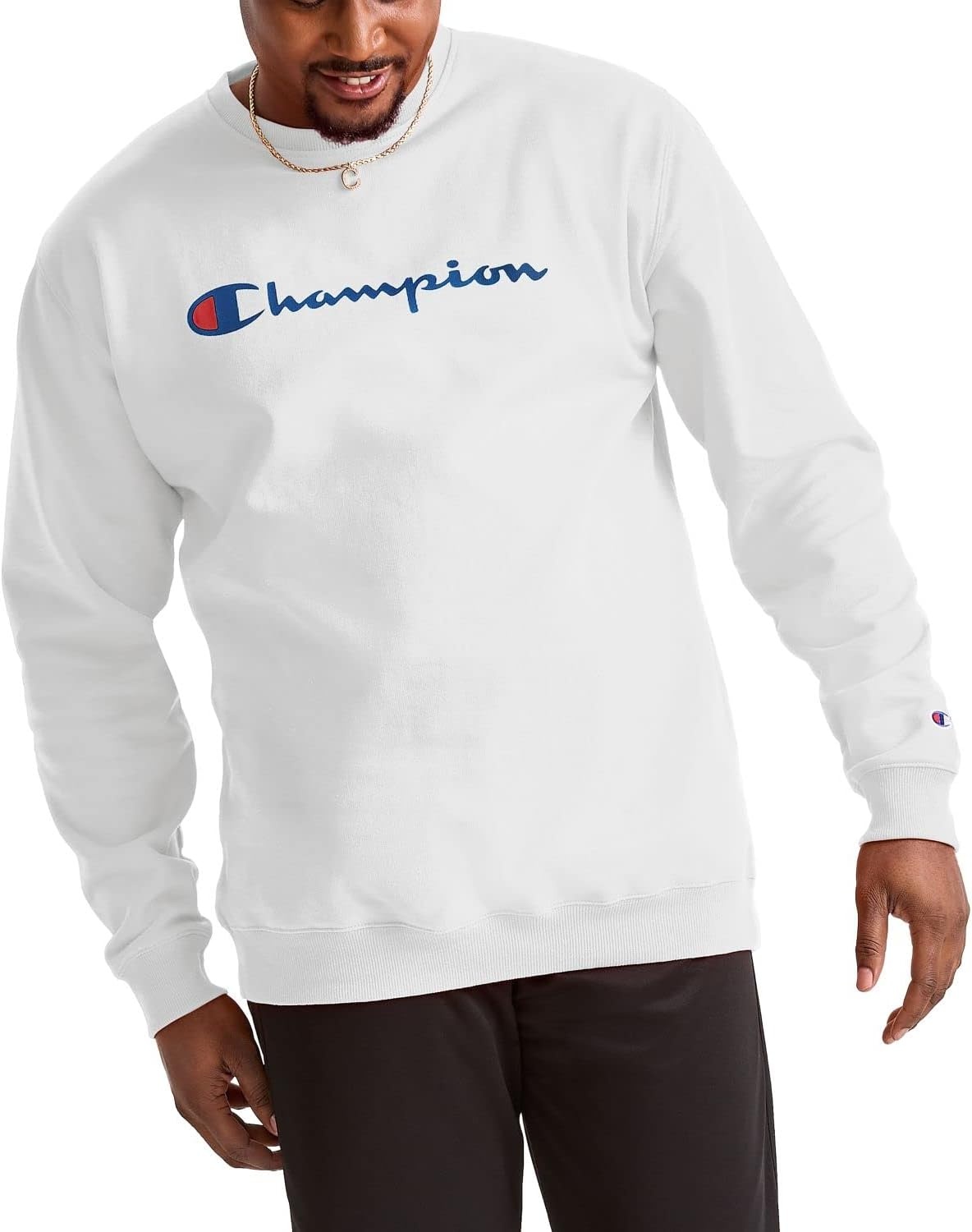image:imageChampion Mens Crewneck Fleece Sweatshirt Standard Fit Midweight Script Logo Available in Regular and Big amp TallWhite Script