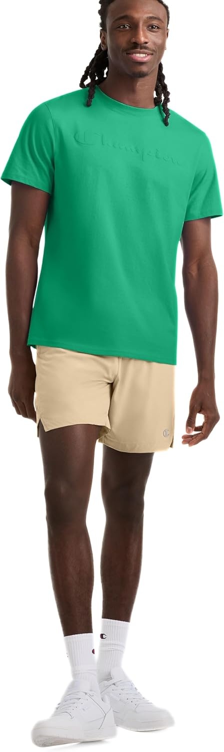 image:imageChampion Mens Graphic Short Sleeve TShirt Standard Fit Tonal Script Logo Midweight 100 CottonGreen Field