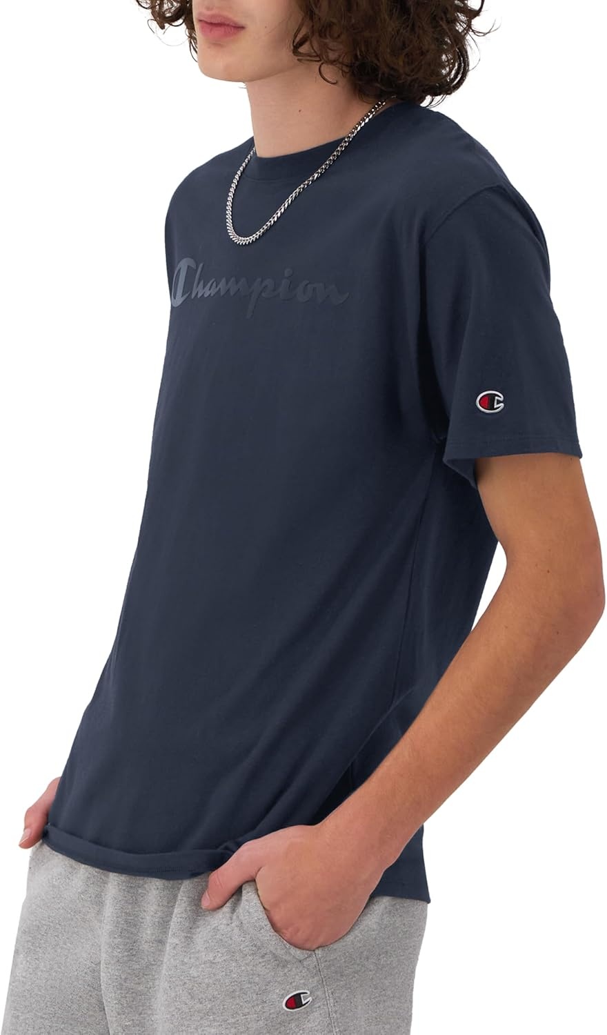 image:imageChampion Mens Graphic Short Sleeve TShirt Standard Fit Tonal Script Logo Midweight 100 CottonNavy Tonal Script Logo