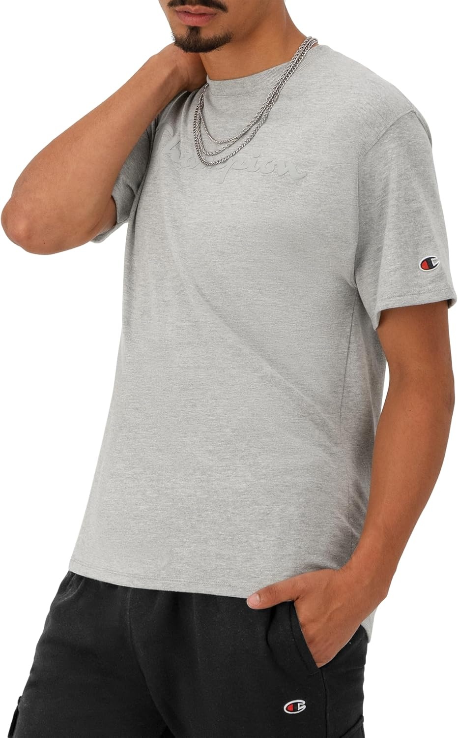 image:imageChampion Mens Graphic Short Sleeve TShirt Standard Fit Tonal Script Logo Midweight 100 CottonOxford Gray Heather