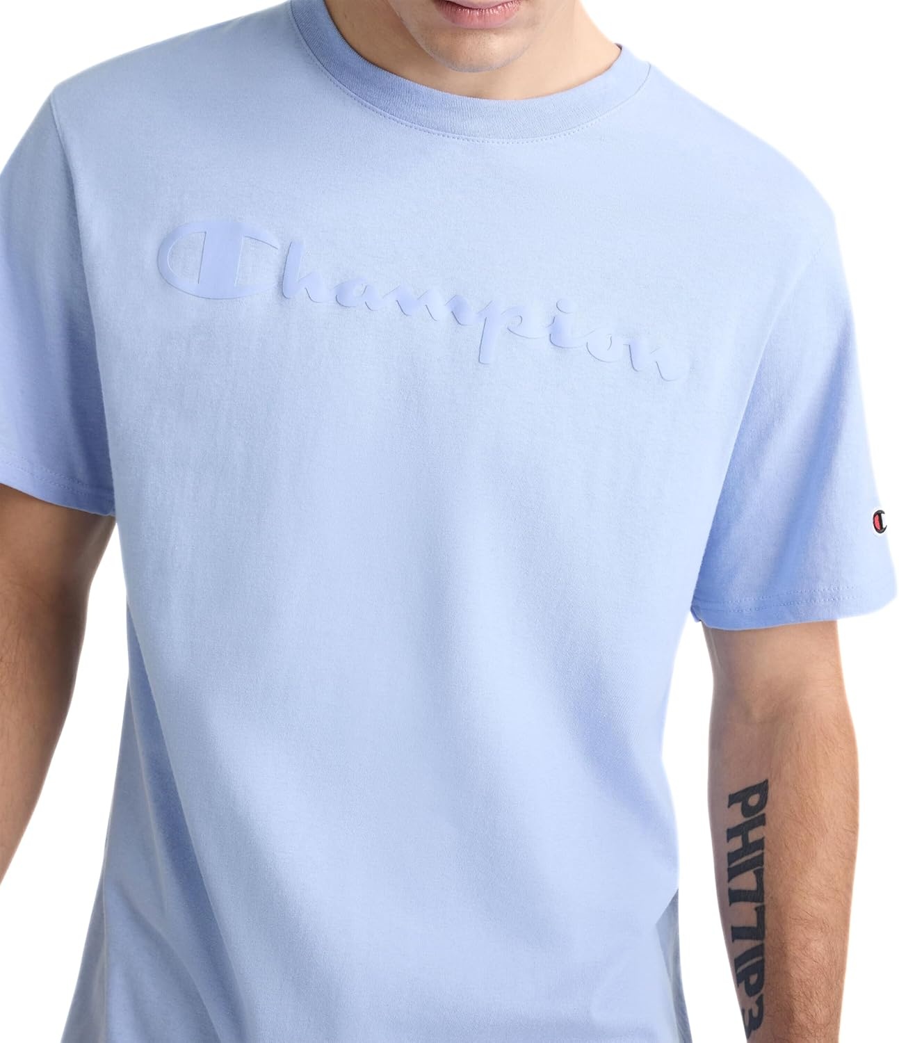 image:imageChampion Mens Graphic Short Sleeve TShirt Standard Fit Tonal Script Logo Midweight 100 CottonPewter Blue