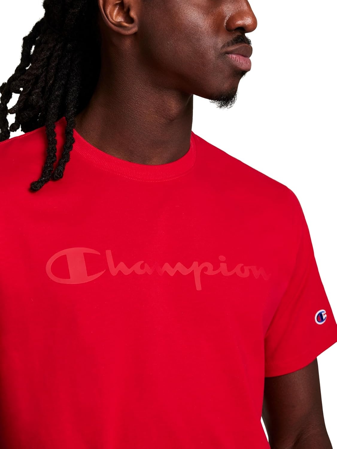 image:imageChampion Mens Graphic Short Sleeve TShirt Standard Fit Tonal Script Logo Midweight 100 CottonTango Red