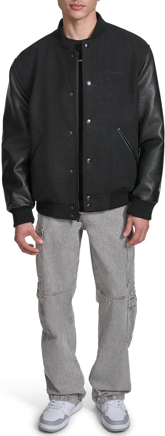 image:imageChampion Mens Letterman Varsity Bomber Jacket With Faux Leather SleevesBlack